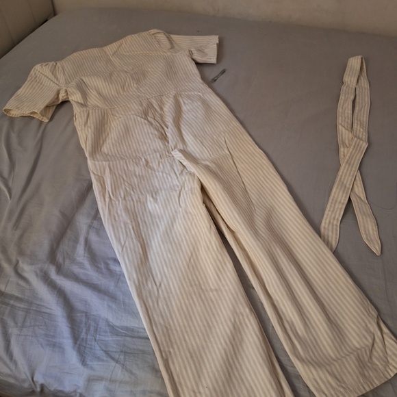 Striped Cotton Jumpsuit Sweetheart Neckline Tie Waist White Grey US12 - US14 - Picture 5 of 11